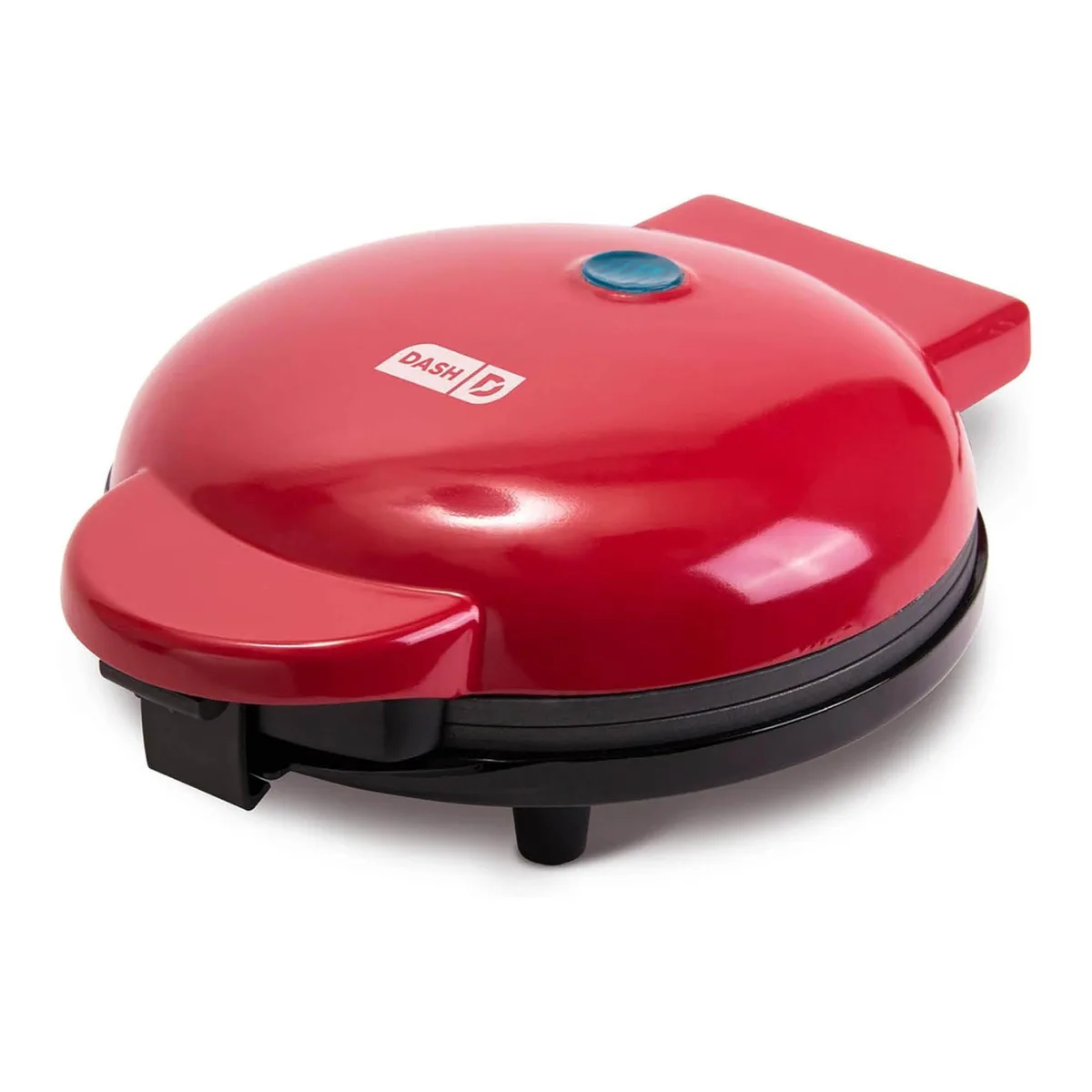 Red round electric griddle with nonstick surface and indicator light