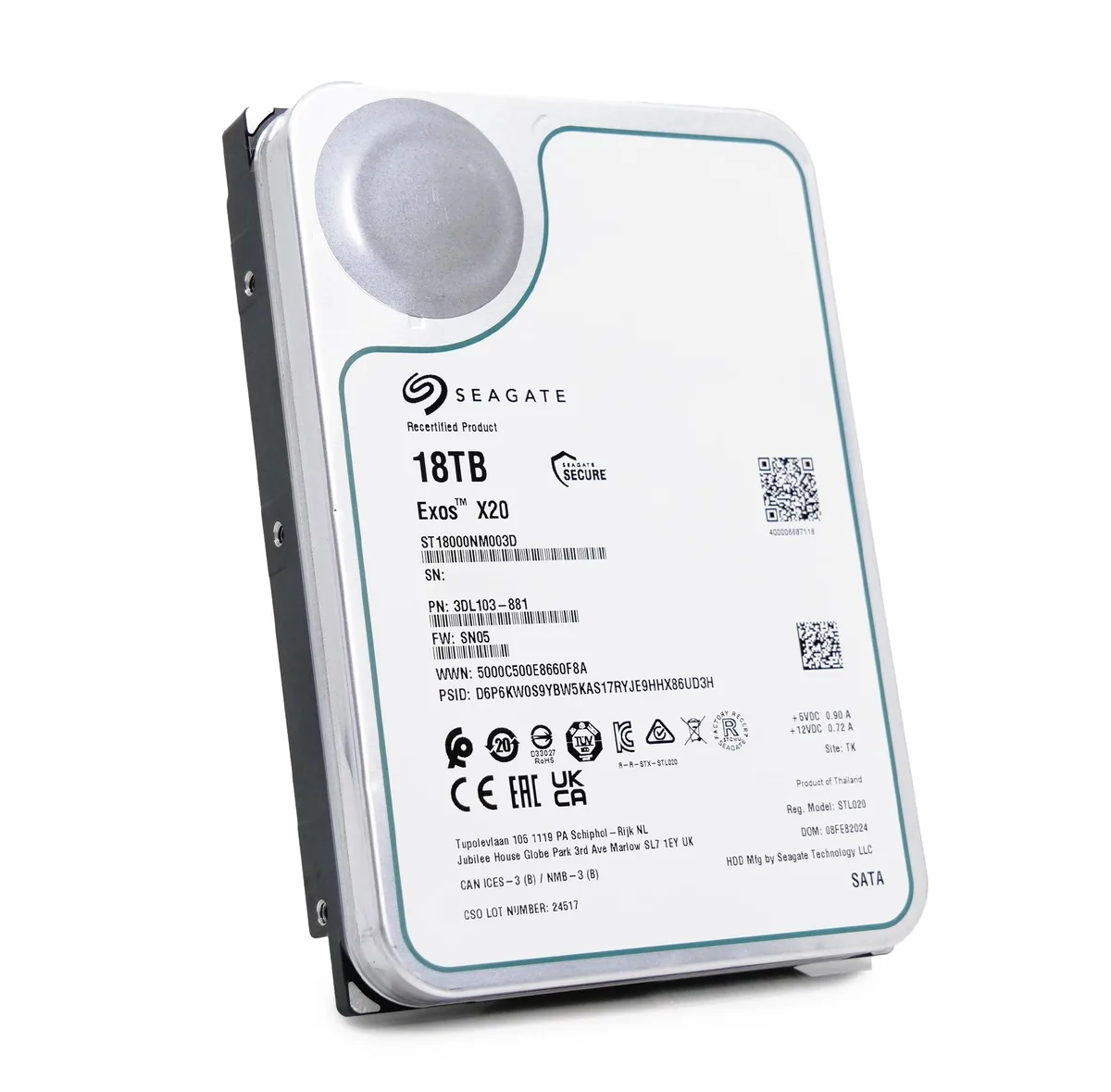 Seagate Seagate Exos X20 ST18000NM003D 18TB 7200 RPM SATA 3.5in internal hard drive — product photo