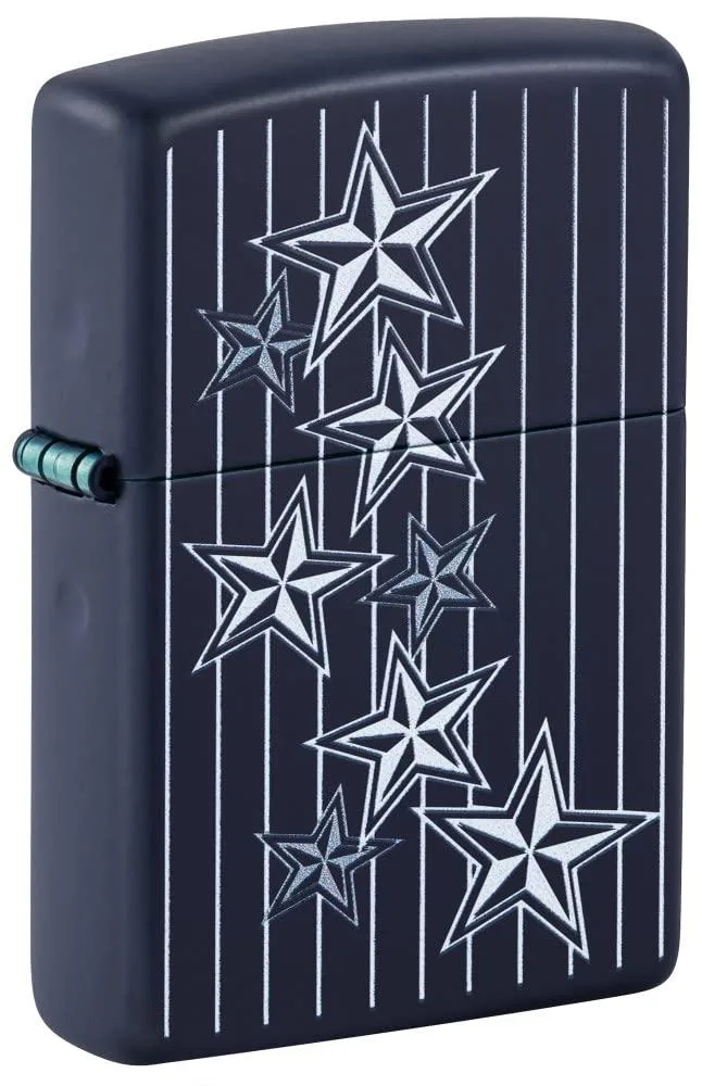 Blue Zippo lighter with star design, slim rectangular shape, brushed metal finish