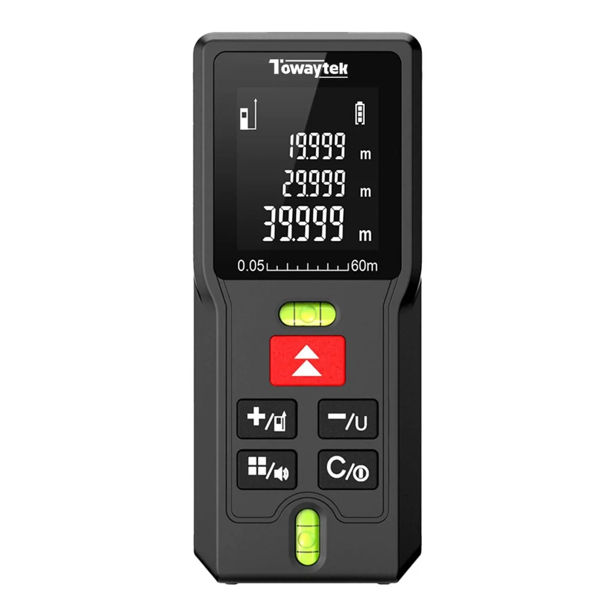 Compact blue laser distance meter with backlit display and bubble levels
