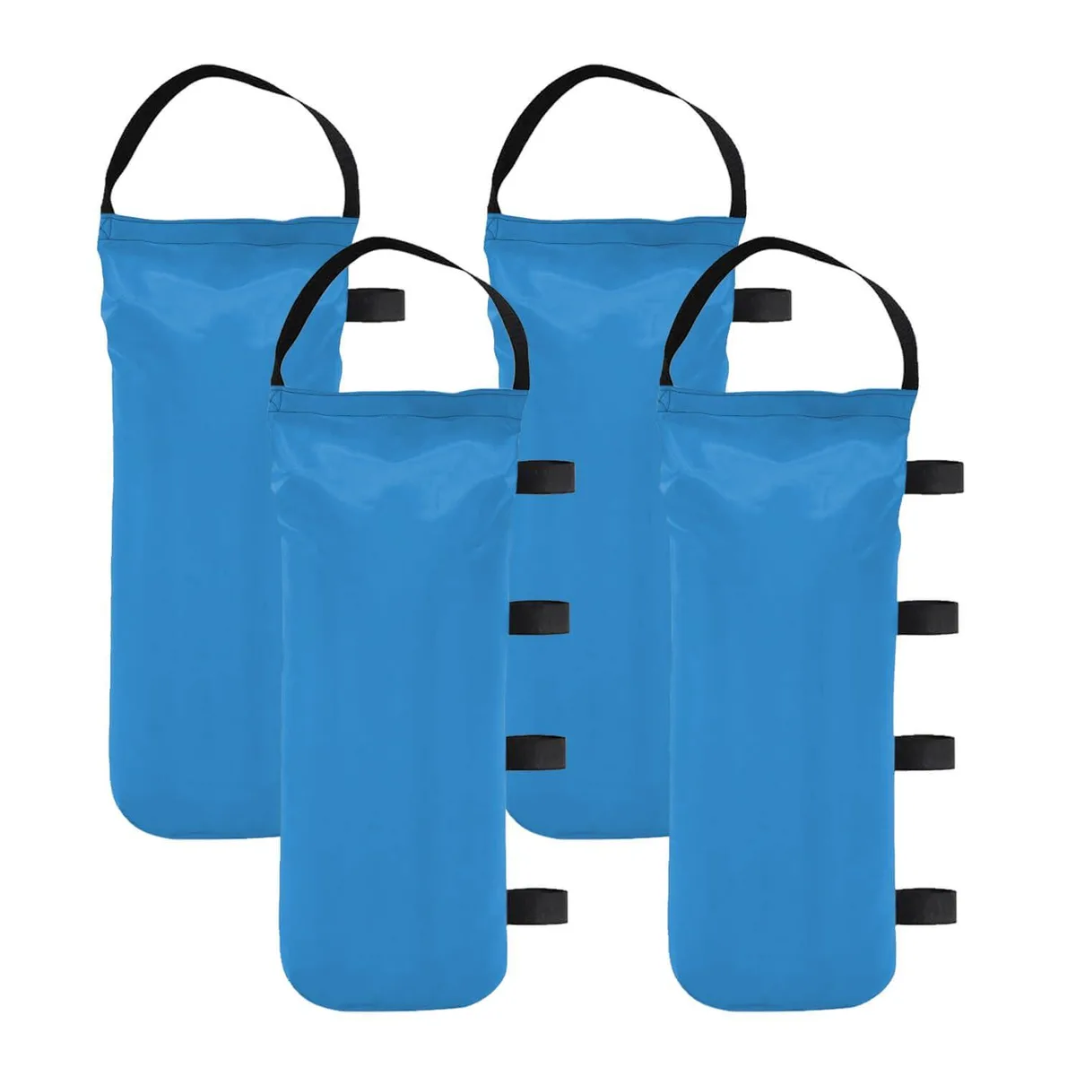 Four blue rectangular sandbags with top handles and straps laid flat