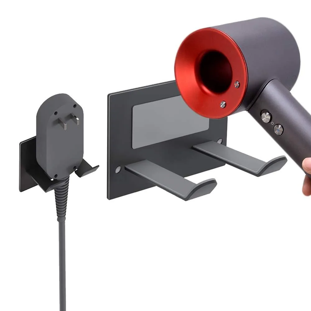 Stainless steel wall-mounted hair dryer holder with adhesive backing and screw holes, silver finish