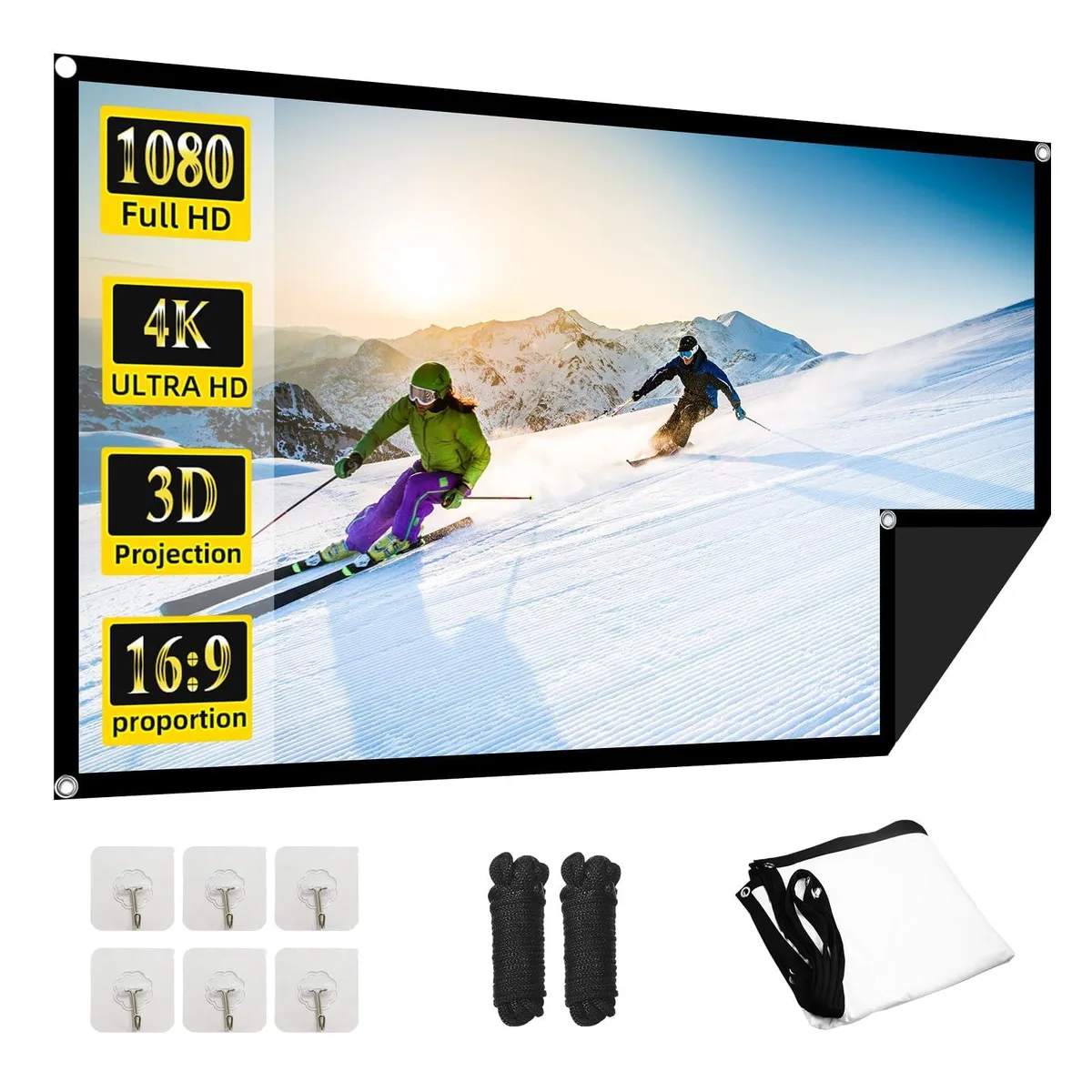 White rectangular projector screen with black backing, folded flat