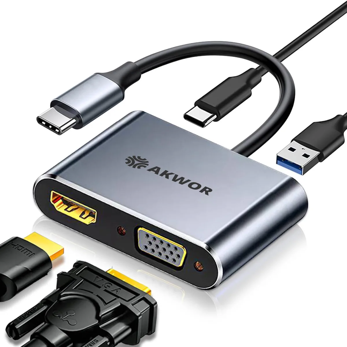 White aluminium USB-C hub with HDMI, VGA, USB 3.0 and PD charging ports