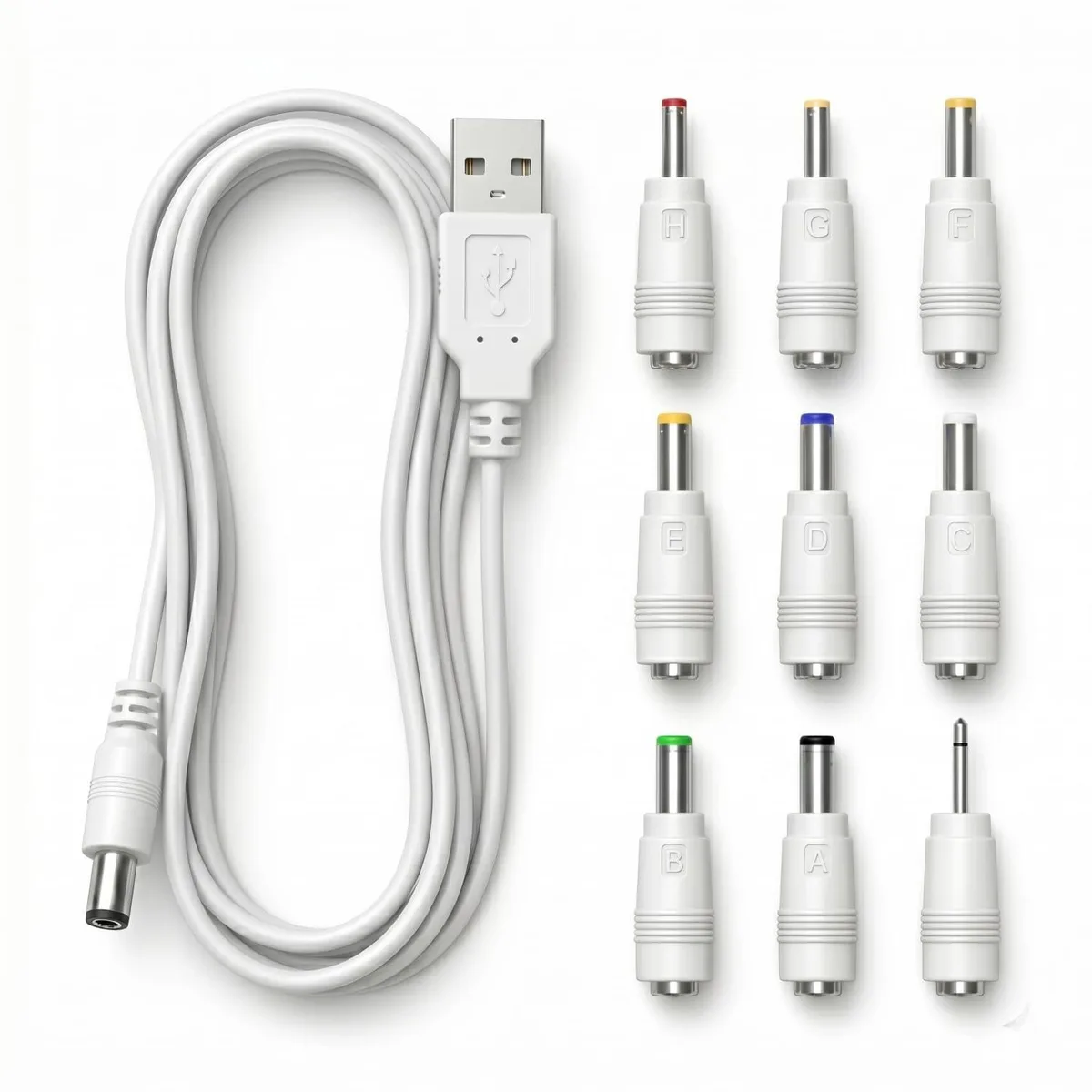 USB to DC power cable kit with nine interchangeable connector tips