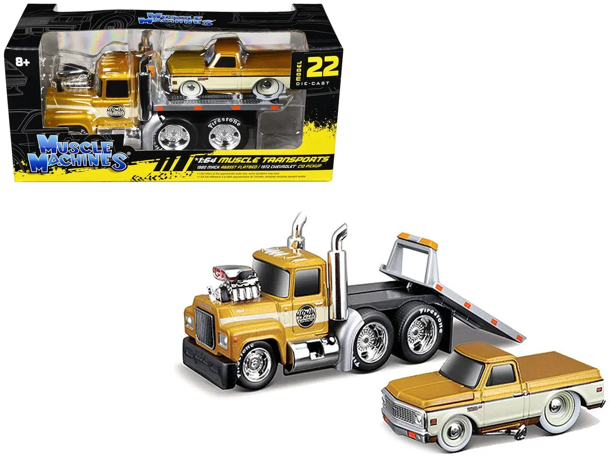 Muscle Machines Muscle Machines 1980 Mack A685ST Flatbed &amp; 1972 Chevrolet C10 1/64 Diecast Pair — product photo