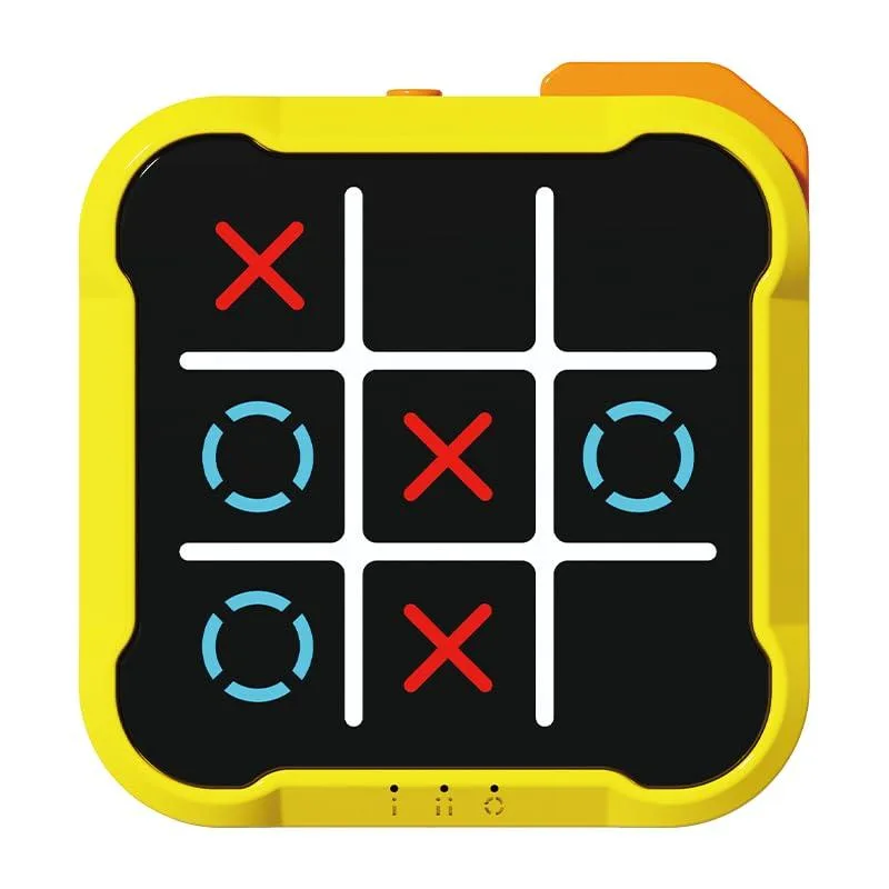 Yellow handheld electronic tic-tac-toe game with grid of light-up buttons
