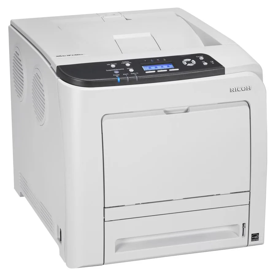 Rectangular beige desktop laser printer with front paper tray and control panel