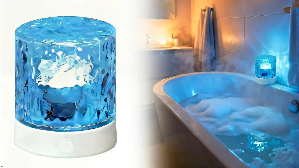 Cylindrical white plastic shower light with smooth finish projects 3D ocean wave ripples