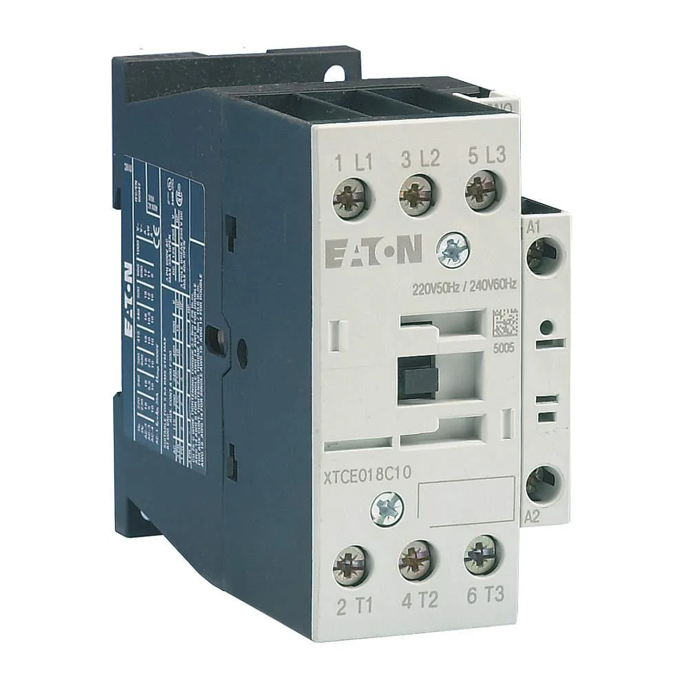 Compact grey industrial contactor with screw terminals and single auxiliary contact block