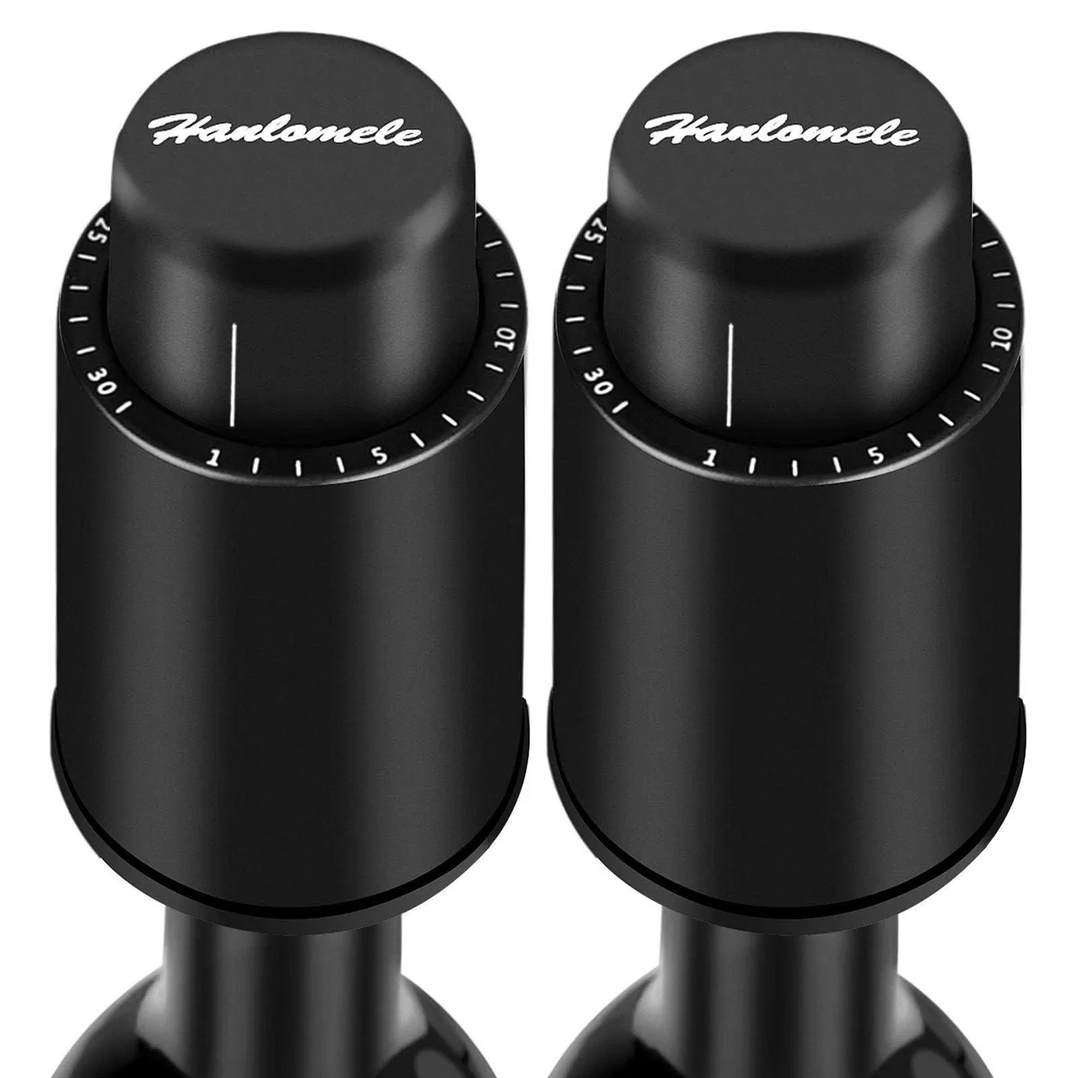 Two black vacuum wine stoppers with date dials, stainless steel and silicone, 2½ inches tall