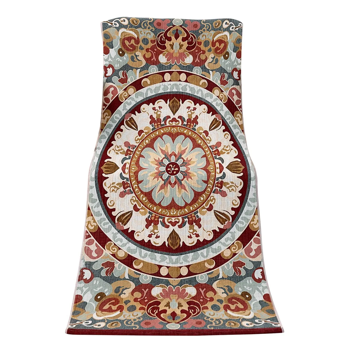 Rectangular cotton towel in boho medallion floral print, oversized 30 by 63 inches