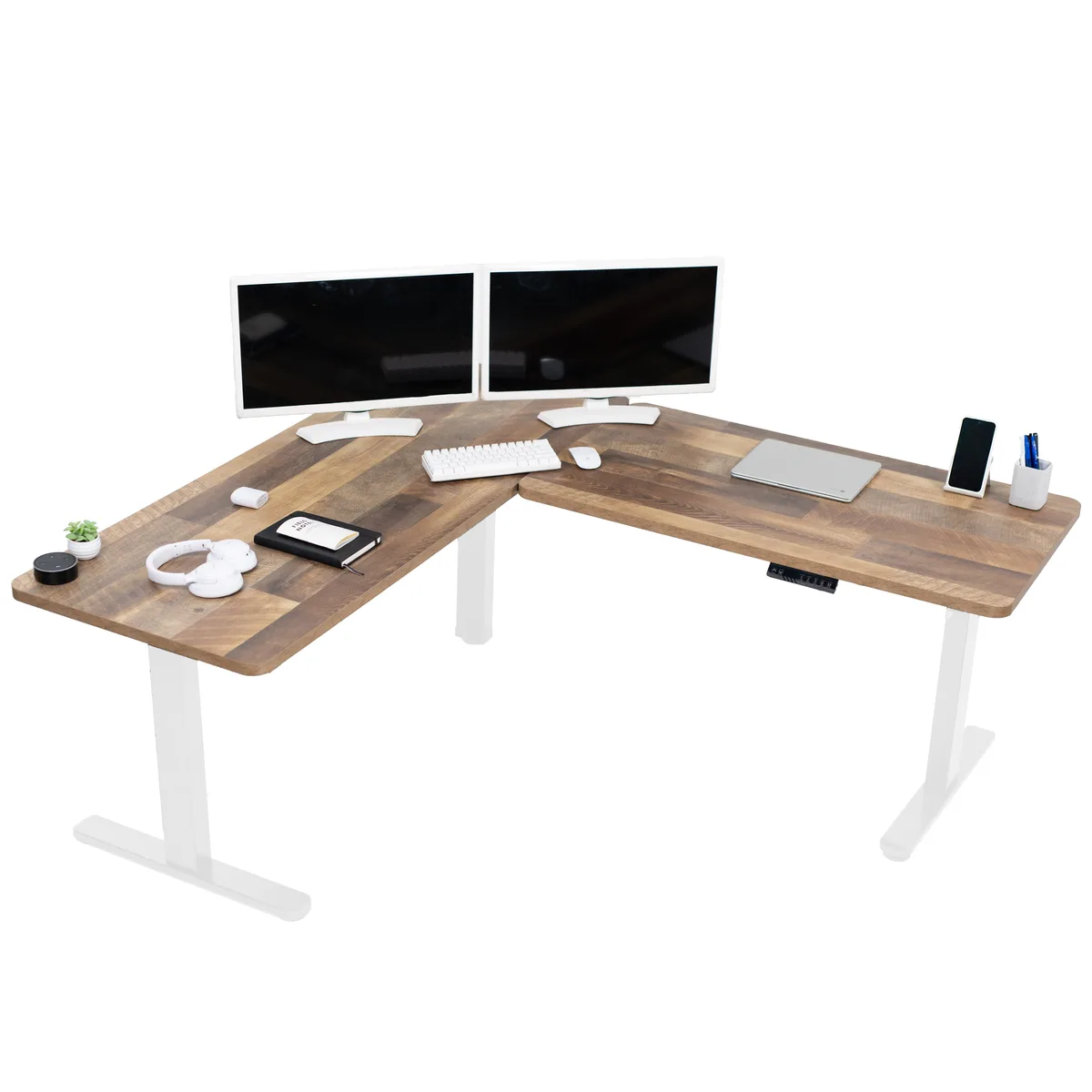 VIVO VIVO Electric L-Shape Corner Desk 67 x 60 Reclaimed Wood White Frame — product photo