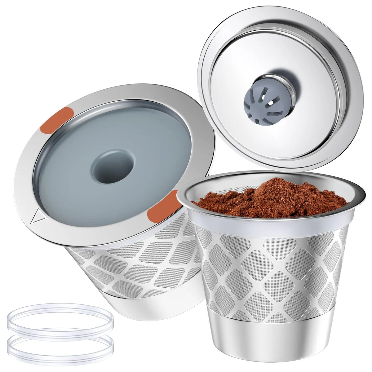 Two stainless steel refillable K-Cup pods with lids, conical mesh body, brushed finish