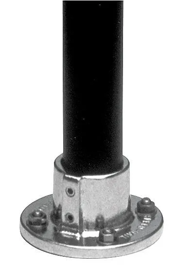 Round gray aluminum flange with a cylindrical center opening and flat circular base