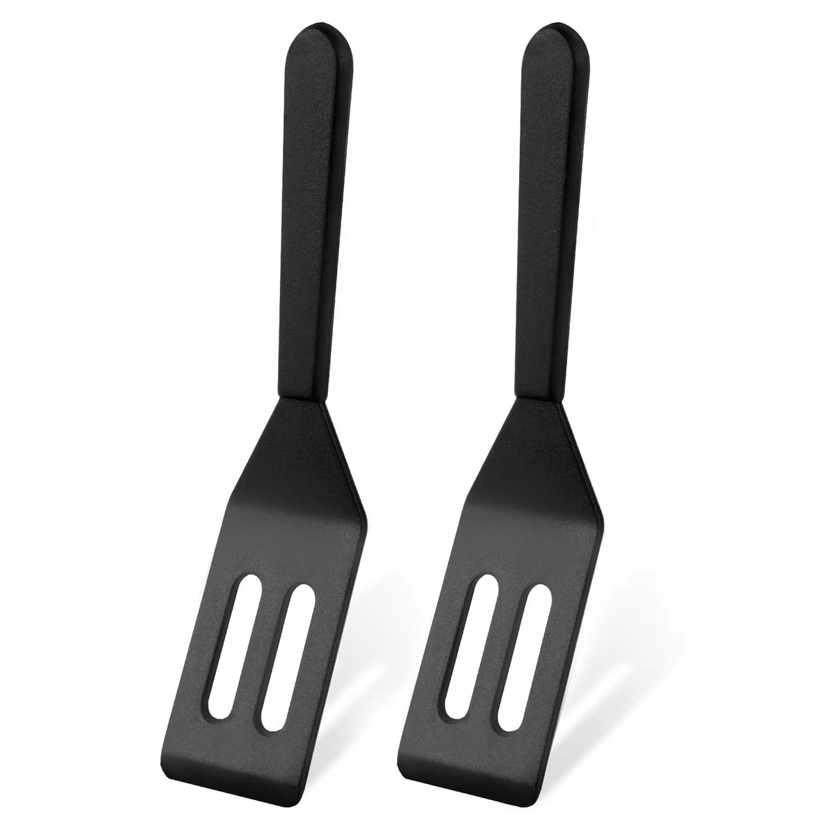 Two black silicone mini spatulas with stainless steel handles side by side
