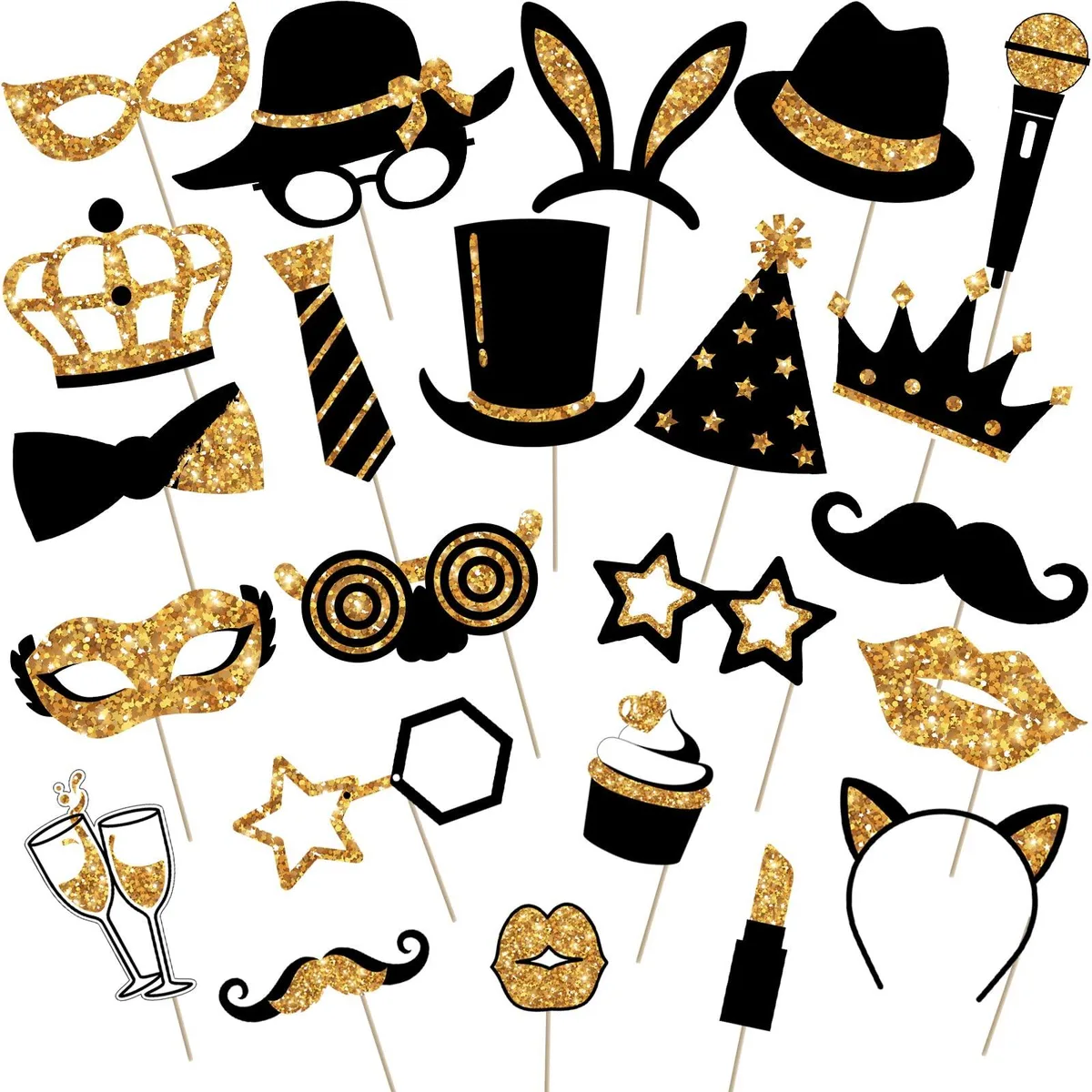 24 golden photo booth props on sticks including hats, lips, ties and glasses