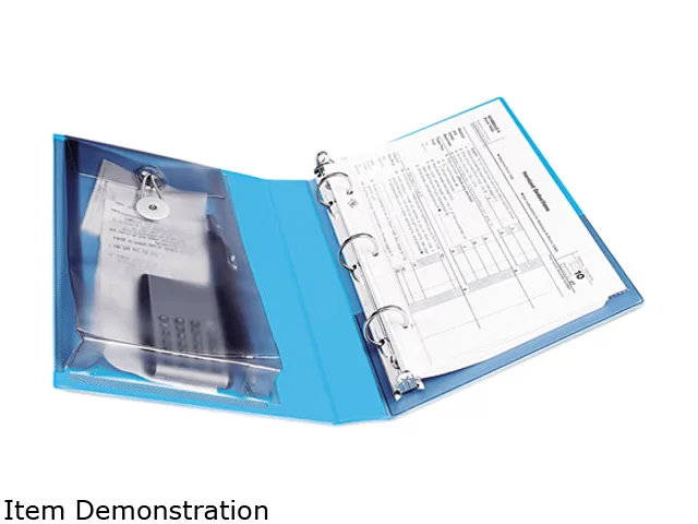 Blue mini binder with round rings and enclosed clasp pocket