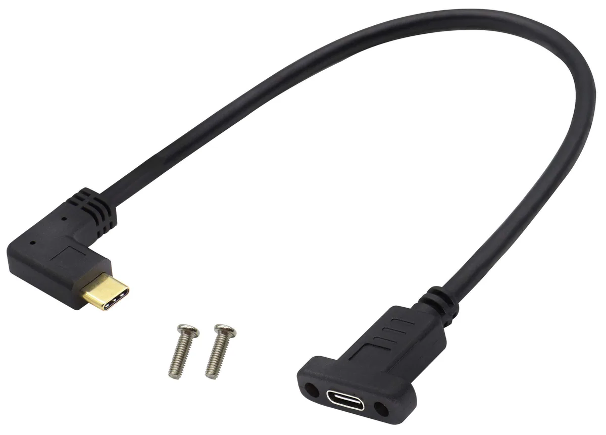 Black 0.3 m USB 3.1 Type C male-to-female panel mount cable with right and left 90 degree angled connectors and screw holes