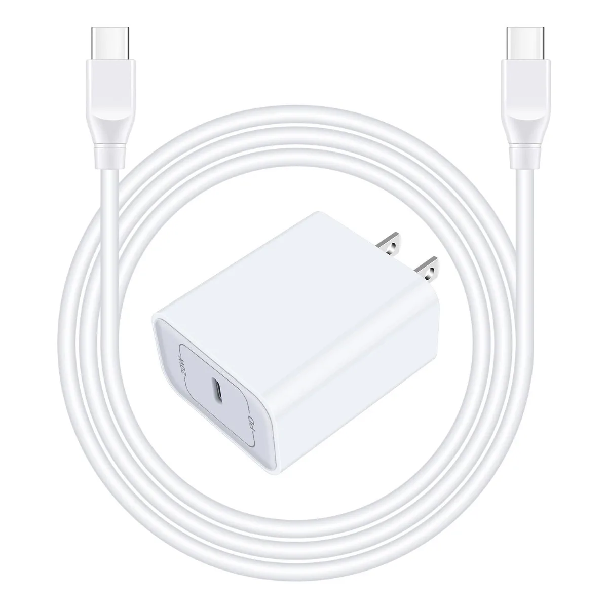 Compact white USB-C wall charger with folding prongs and a six-foot white USB-C to USB-C cable