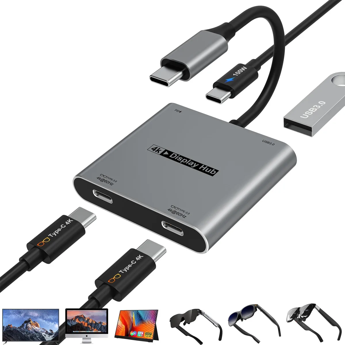 Compact aluminium hub with dual USB-C ports and cable