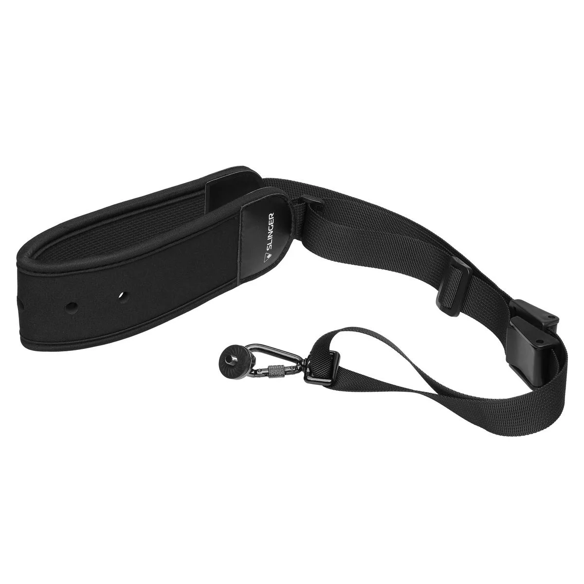 Black padded camera sling strap with 2.5 inch shoulder pad and stainless steel quick release clip
