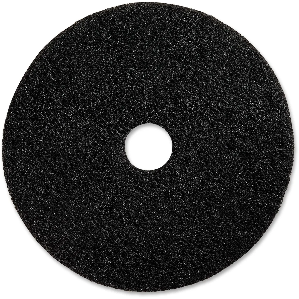 Five black circular floor stripping pads, 20 inches diameter