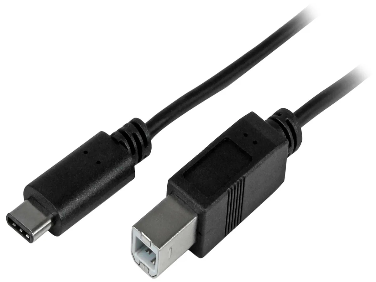 Black 2m USB 2.0 Type-C to USB-B cable with straight nickel-plated connectors and PVC jacket
