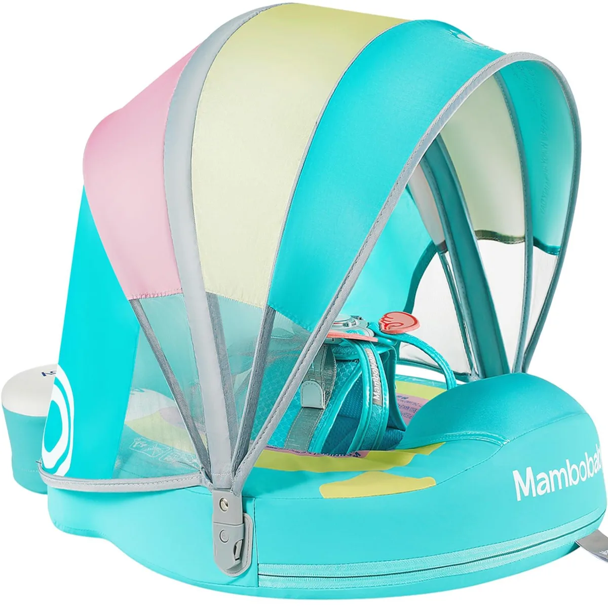  Mambobaby Non-Inflatable Baby Pool Float with Tail and Canopy UPF 50+ (Rainbow Green) — product photo