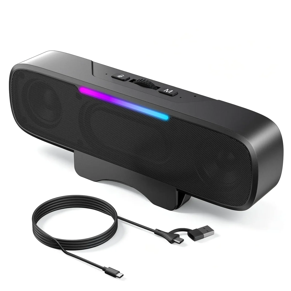 Compact black clip-on soundbar with roller volume knob and RGB lighting