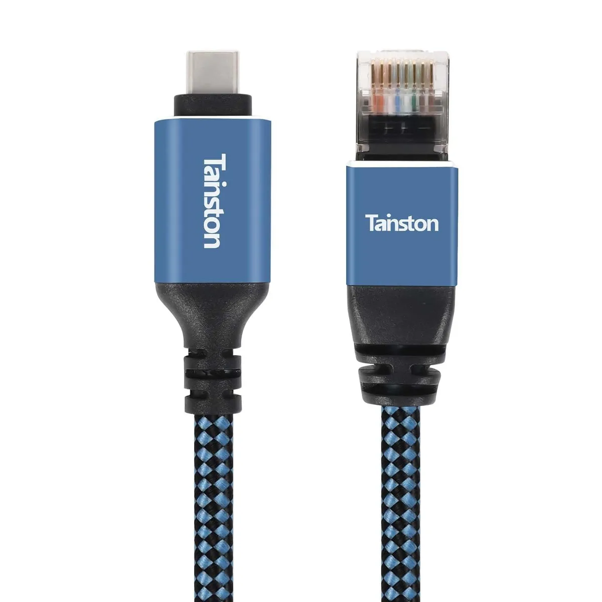 White USB-C to RJ45 Ethernet cable coiled, 15 ft