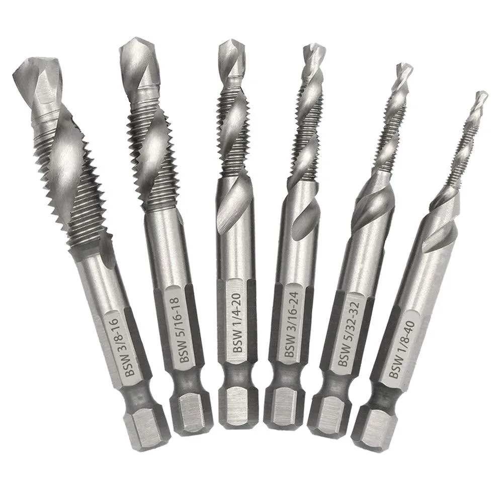 Six silver drill-tap bits with hex shanks in a compact case