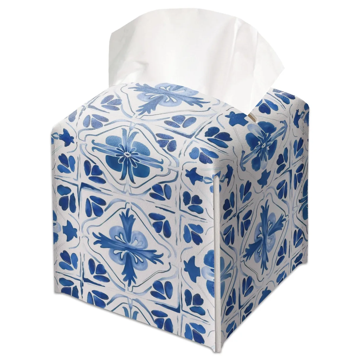 Square blue and white porcelain-pattern leather tissue box cover, 5.2 inches cubed, Velcro closure