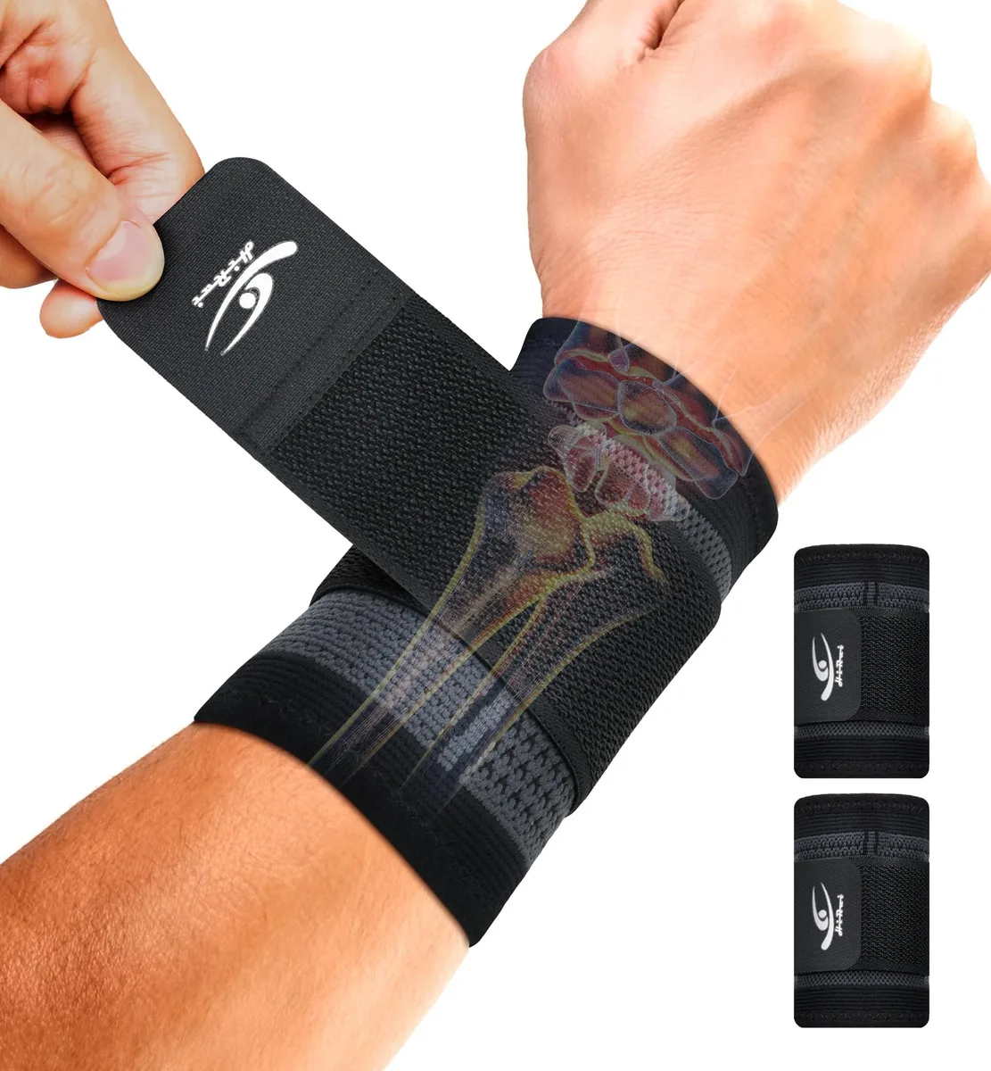 Two black fabric wrist straps with adjustable hook-and-loop closures, small size, shown as a pair