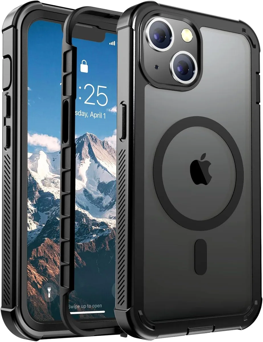 Black two-layer iPhone 13 case with matte finish and raised bezels