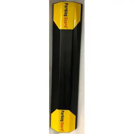 Transparent rubber parking stop with reflective strip, adhesive-backed for garage floor