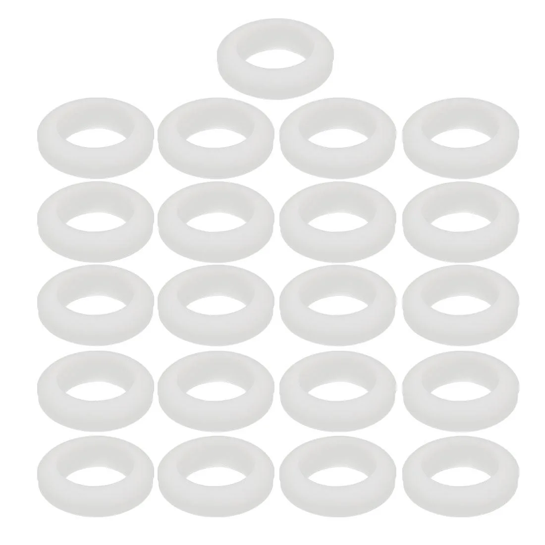Twenty-one white rubber grommets with 25mm inner diameter and double-sided flange