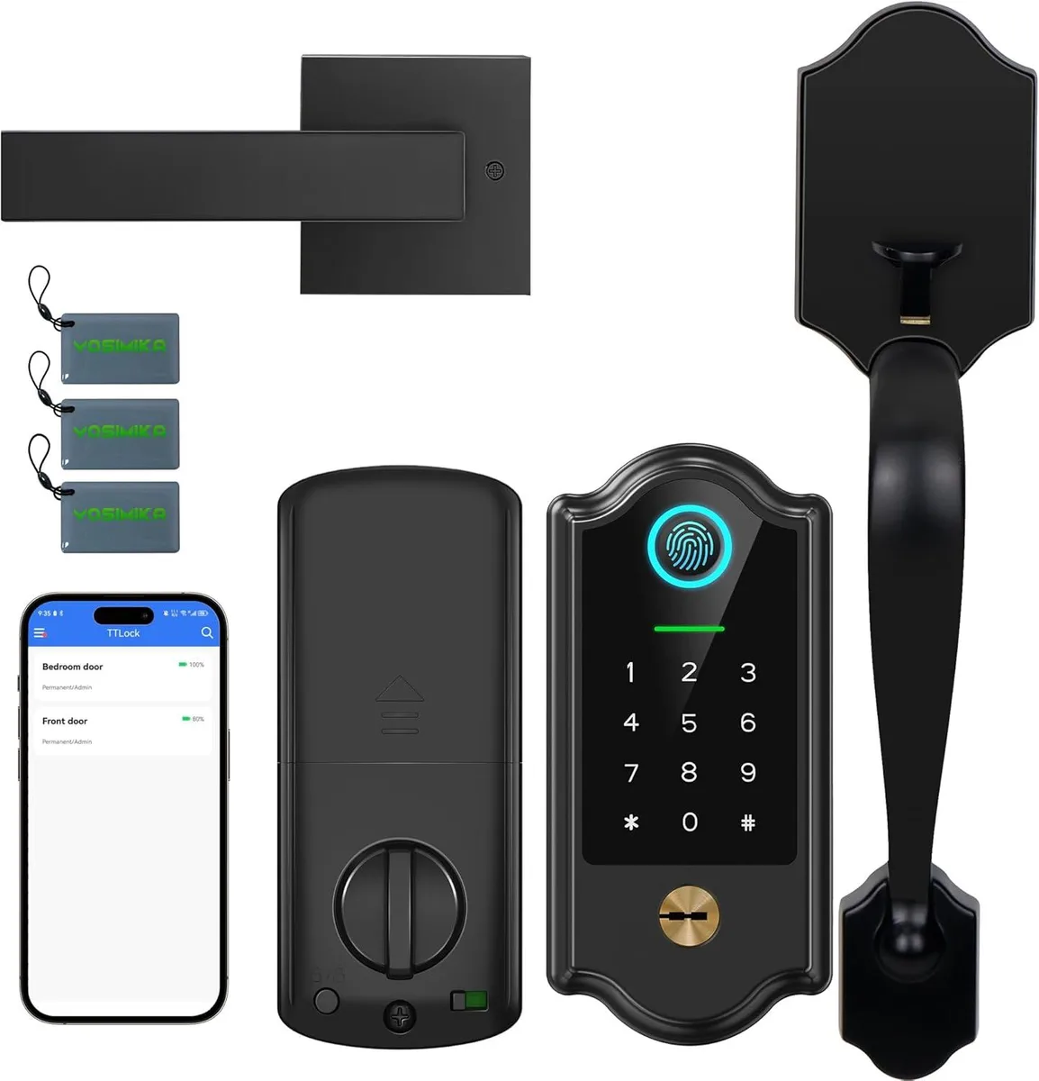 Matte black smart door lock with handle, keypad and fingerprint sensor