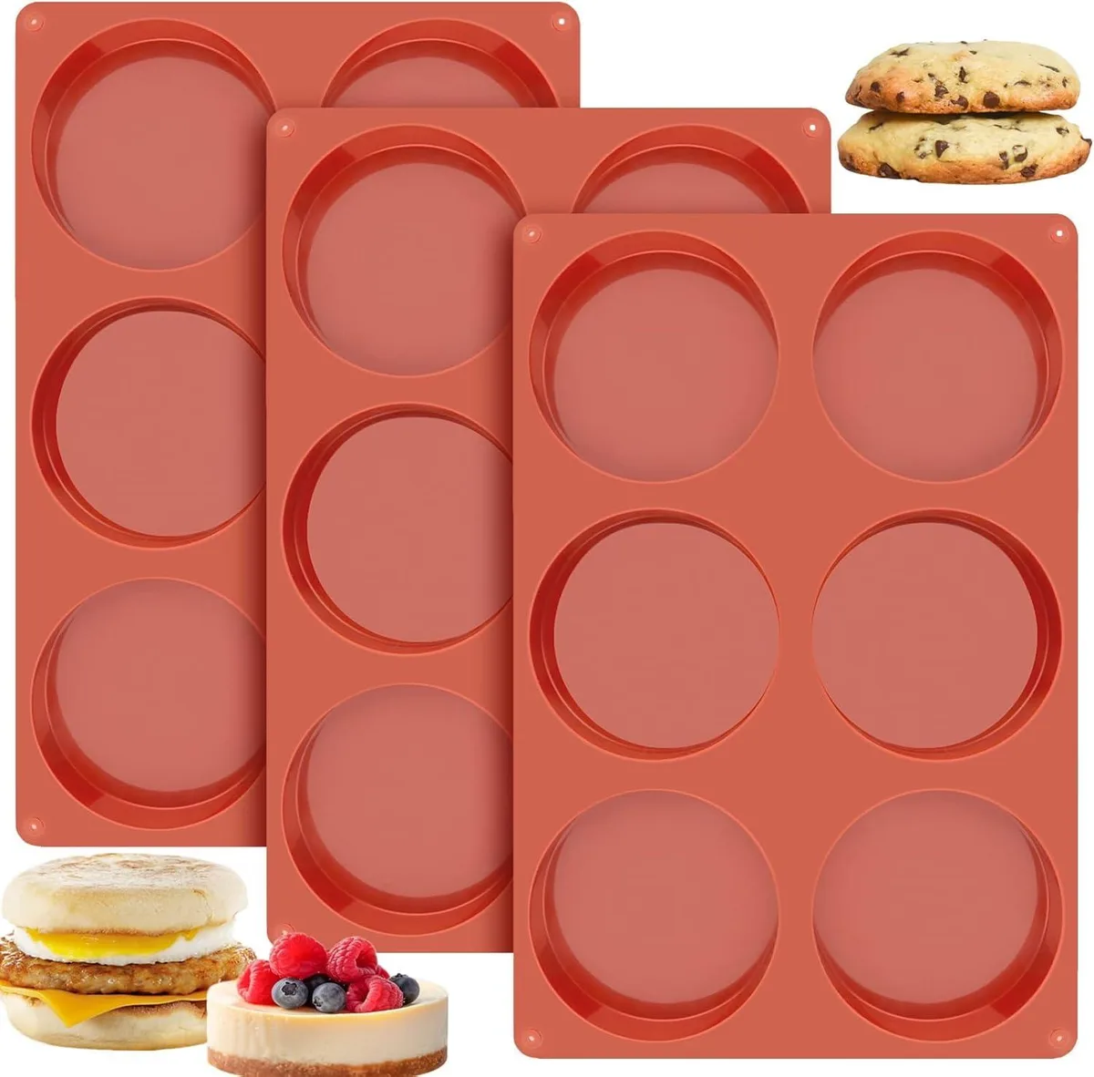 Three red silicone muffin-top pans, each with six shallow cups, 4 inches wide
