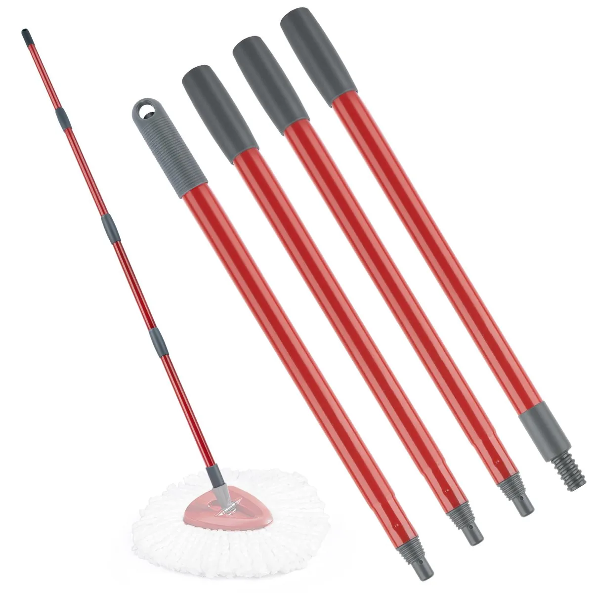 Silver four-section metal mop handle with threaded end, extends 30 to 58 inches