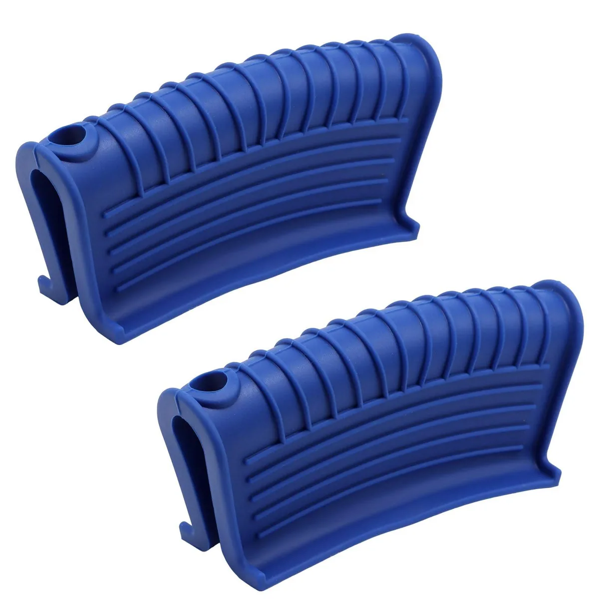 Two blue silicone handle covers with textured grip and hanging holes