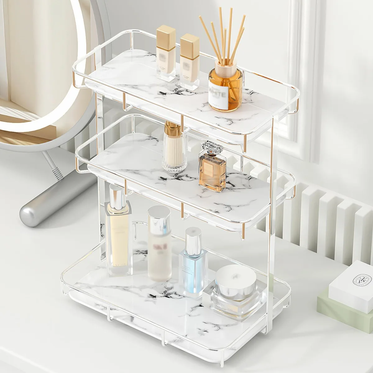 Gold stainless steel shelf with white marble ceramic tray, three tier bath storage