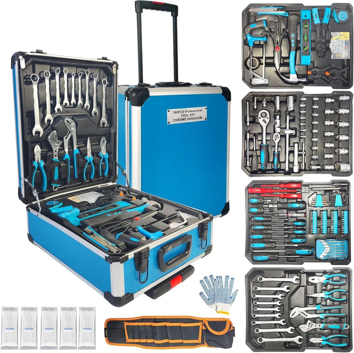 BFKK BFKK 799pcs Aluminum Trolley Case Tool Set Blue with Tool Belt — product photo