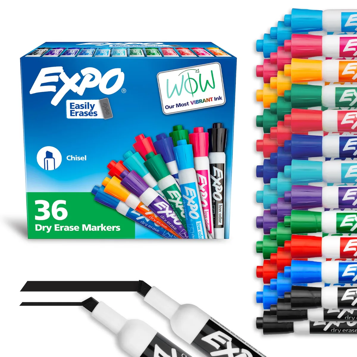 Box of 36 dry erase markers with chisel tips in assorted colors