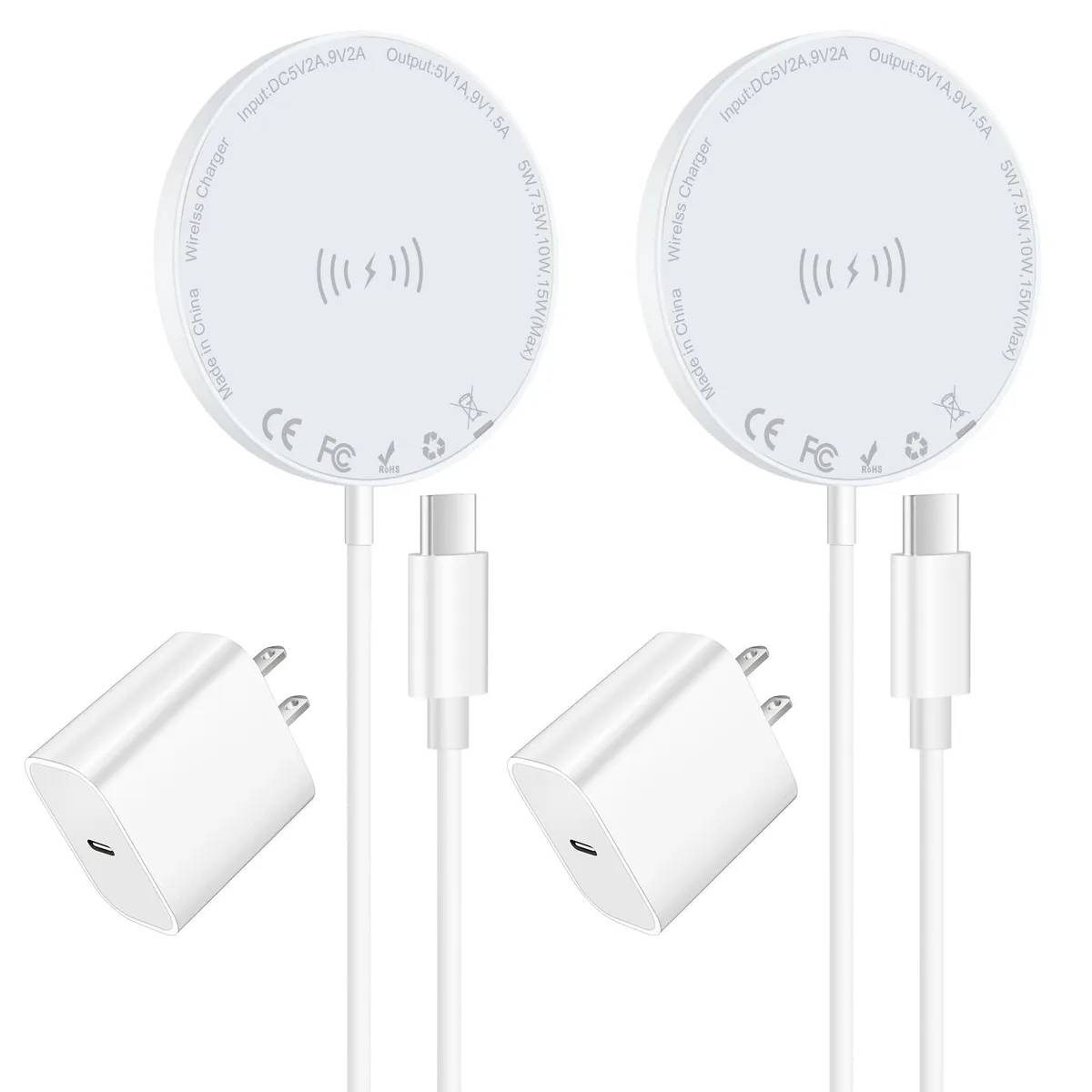 Two white magnetic wireless charging pads with long cables