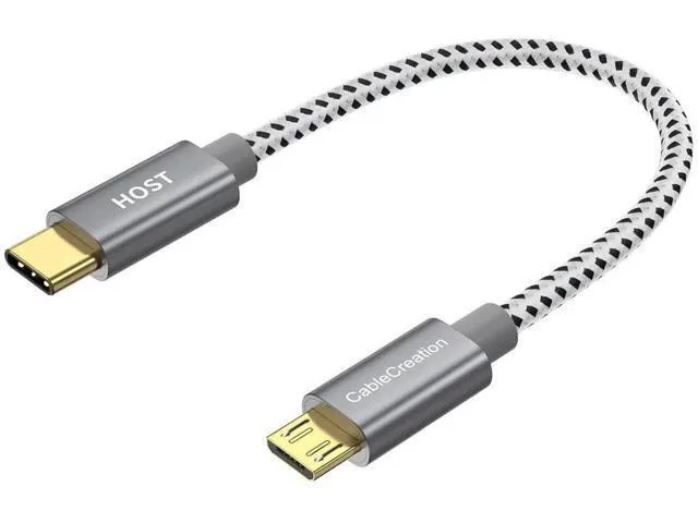 Short braided USB-C to Micro USB OTG cable in space grey, 0.2m length