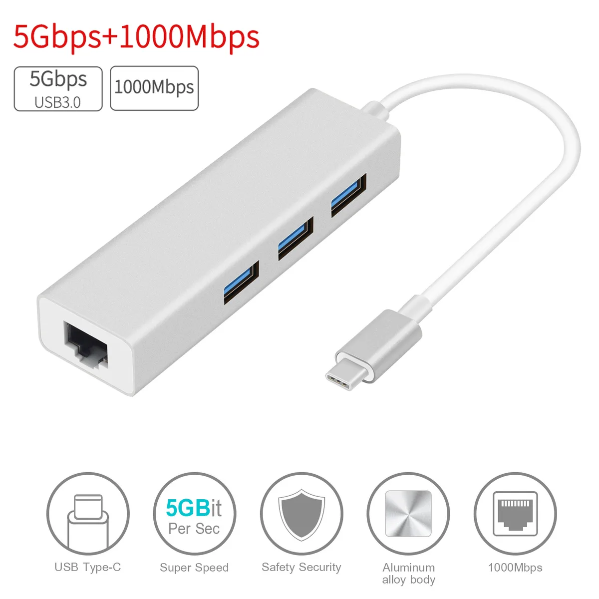 LUOM LUOM ULC28 USB-C Gigabit Ethernet 3×USB 3.0 Hub Silver — product photo