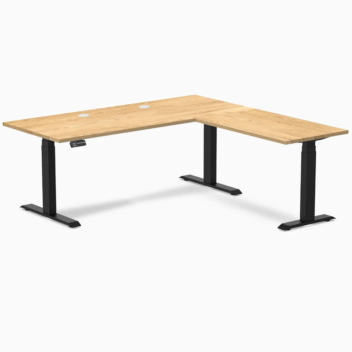 Desky Desky Hardwood L-Shape Sit Stand Desk White Oak 72 x 30 x 70 x 24 in Matte Black — product photo