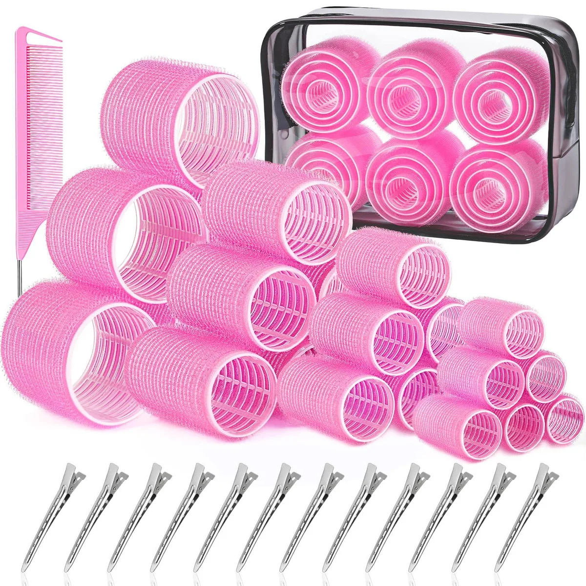 Pink cylindrical hair rollers in four sizes with clips comb and travel bag