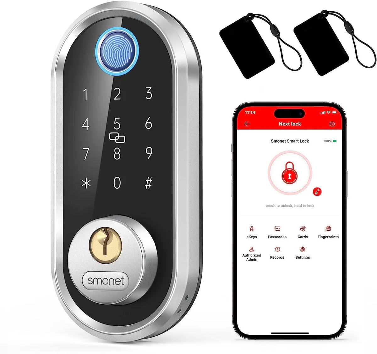SMONET SMONET Fingerprint Smart Door Lock Silver Bluetooth .3s .5s 900s — product photo